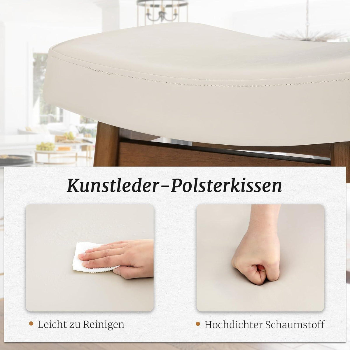 Barhocker Set 3er – 61cm & Holzbeine Weiß in Lederoptik