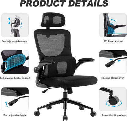 Ergonomischer Bürostuhl Verstellbarer Schreibtischstuhl mit Kopfstütze und Lordosenstütze