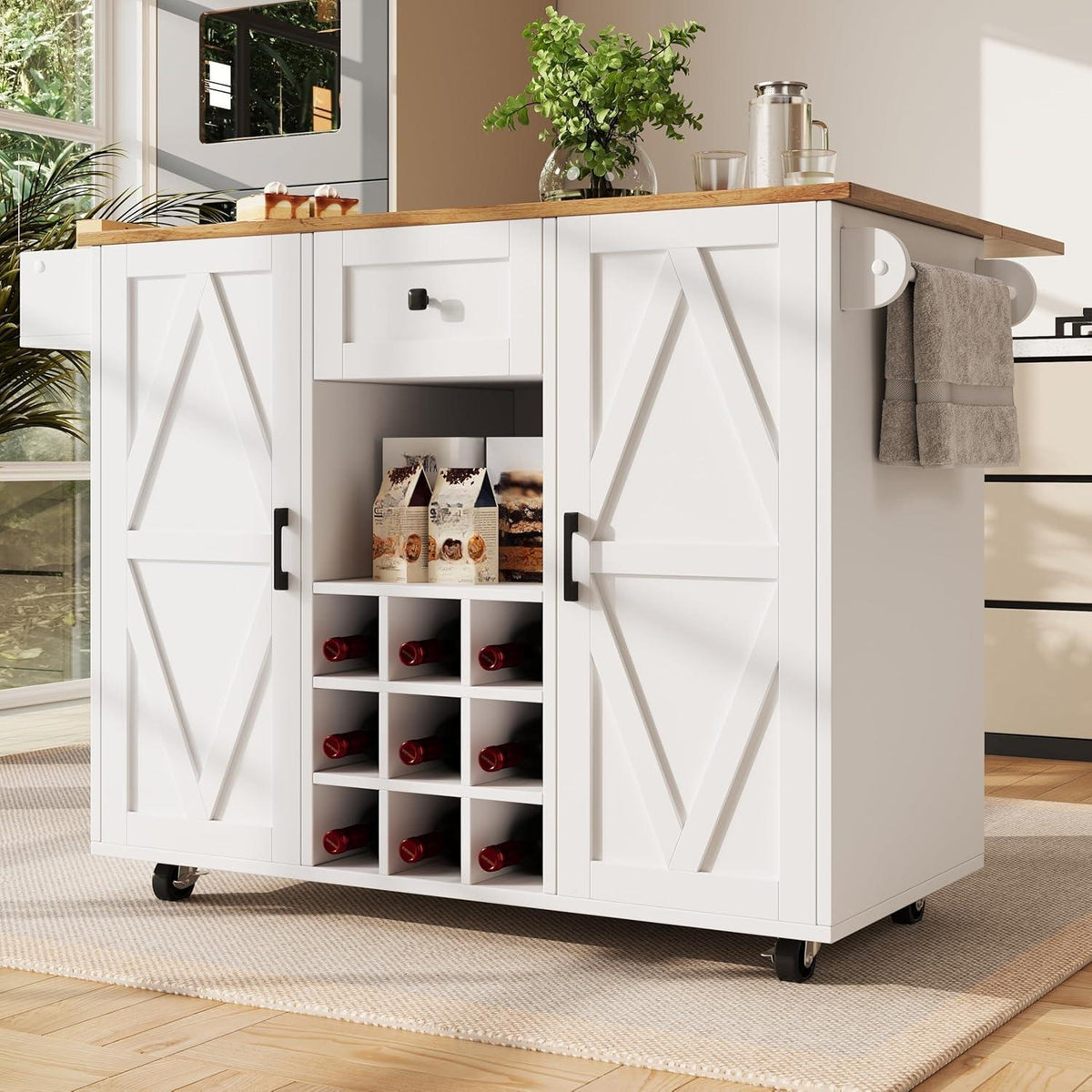 Klappbarer Küchenwagen mit Weinschrank & Schublade, Weiß