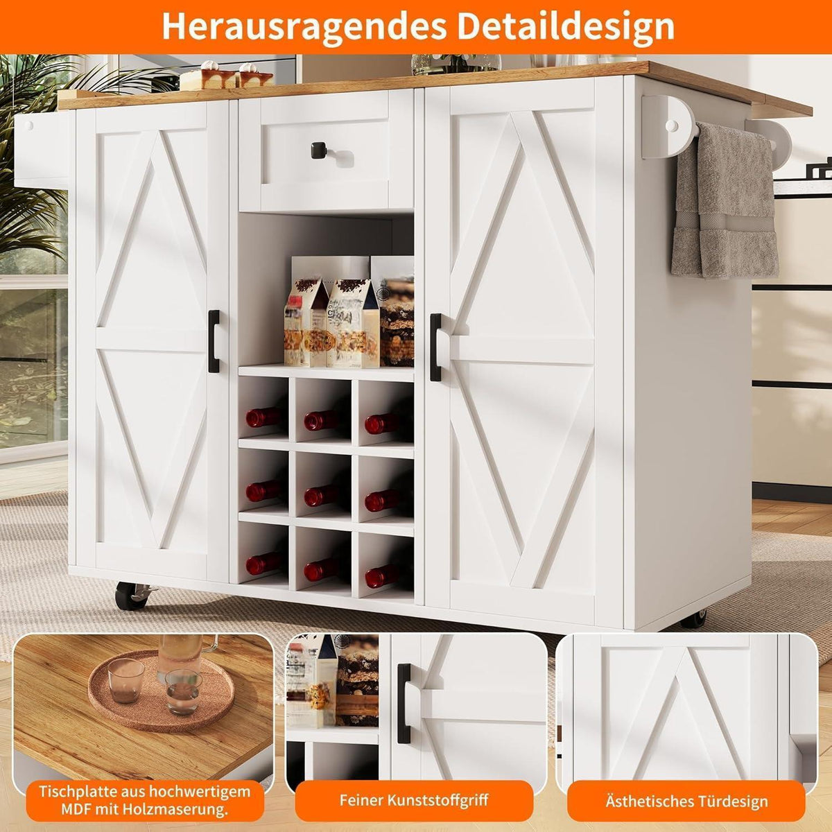 Klappbarer Küchenwagen mit Weinschrank & Schublade, Weiß