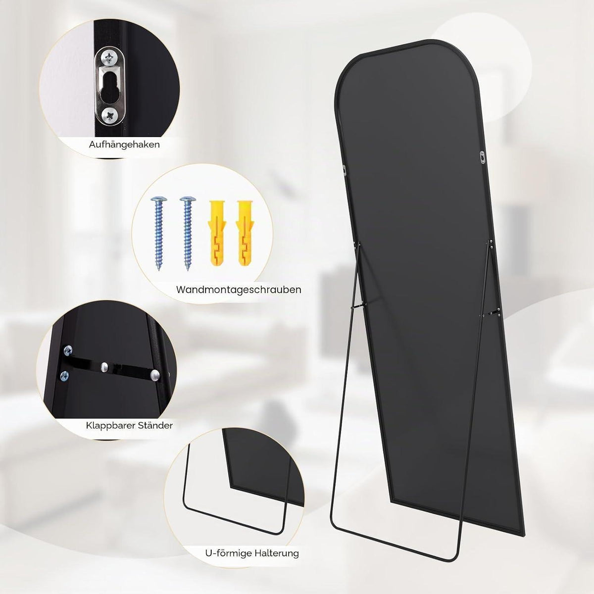 Gewölbter Standspiegel 179x65cm – Schwarz, Modern & Elegant