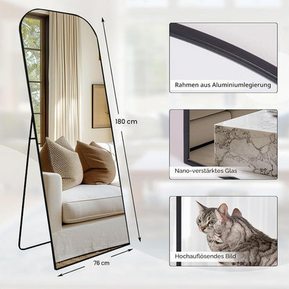 Gewölbter Standspiegel 180x76cm mit schwarzem Aluminiumrahmen