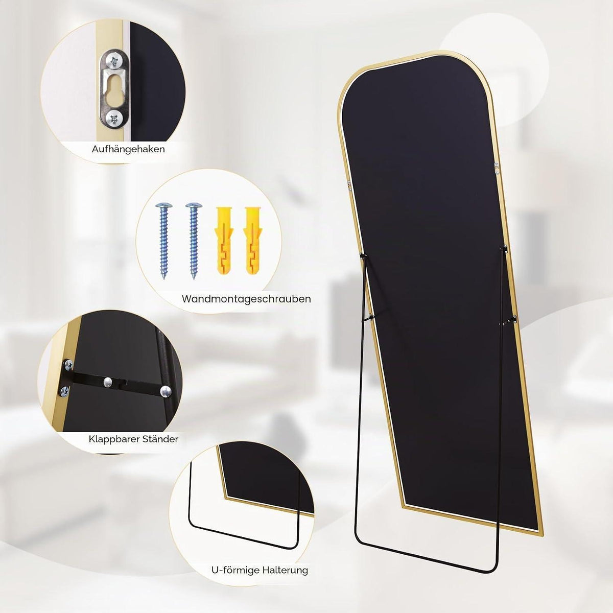 Gewölbter Standspiegel Gold – 179x65cm, Ganzkörper & Modern