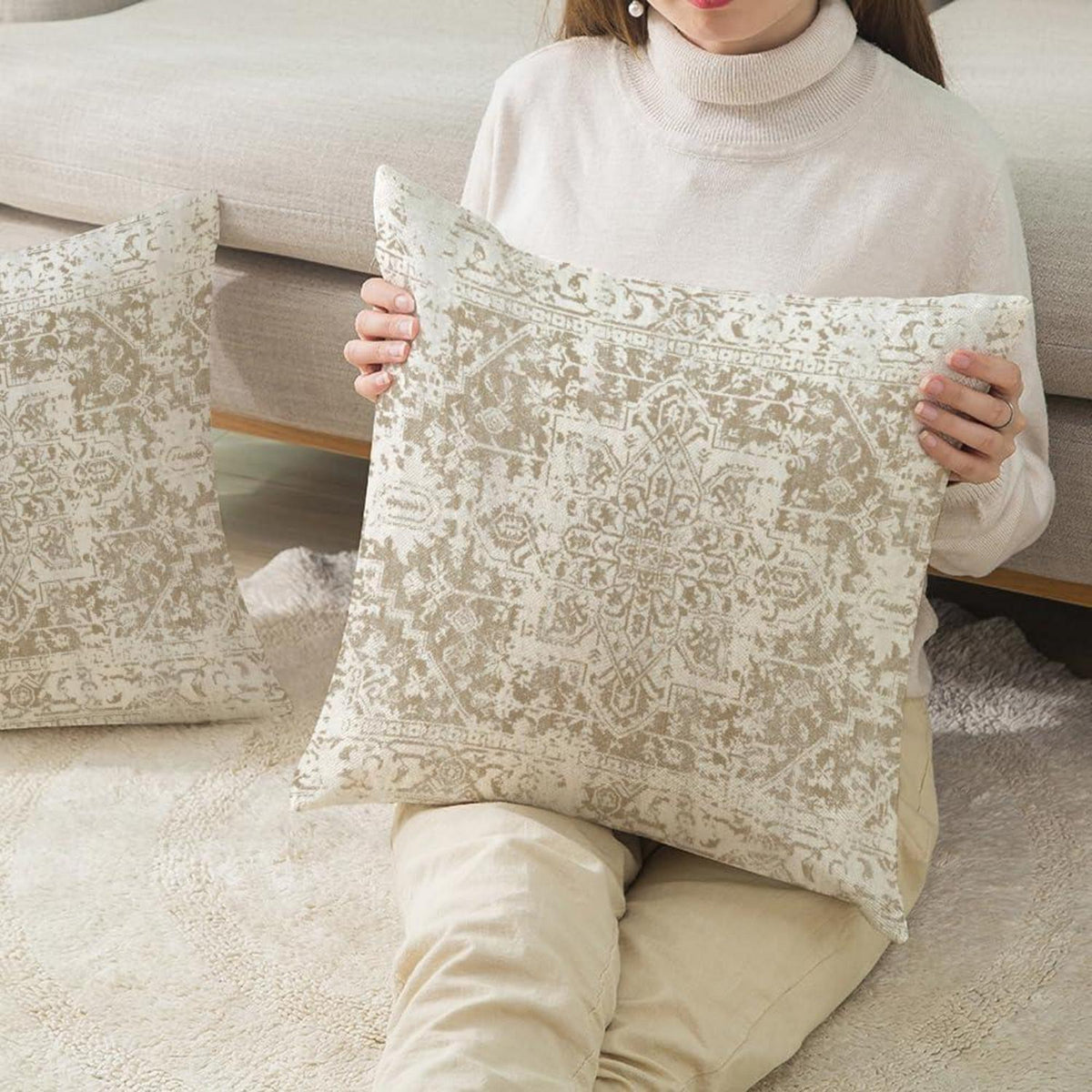 Böhmischer Kissenbezug 40x40 - 2er Set Outdoor Wasserdicht Beige