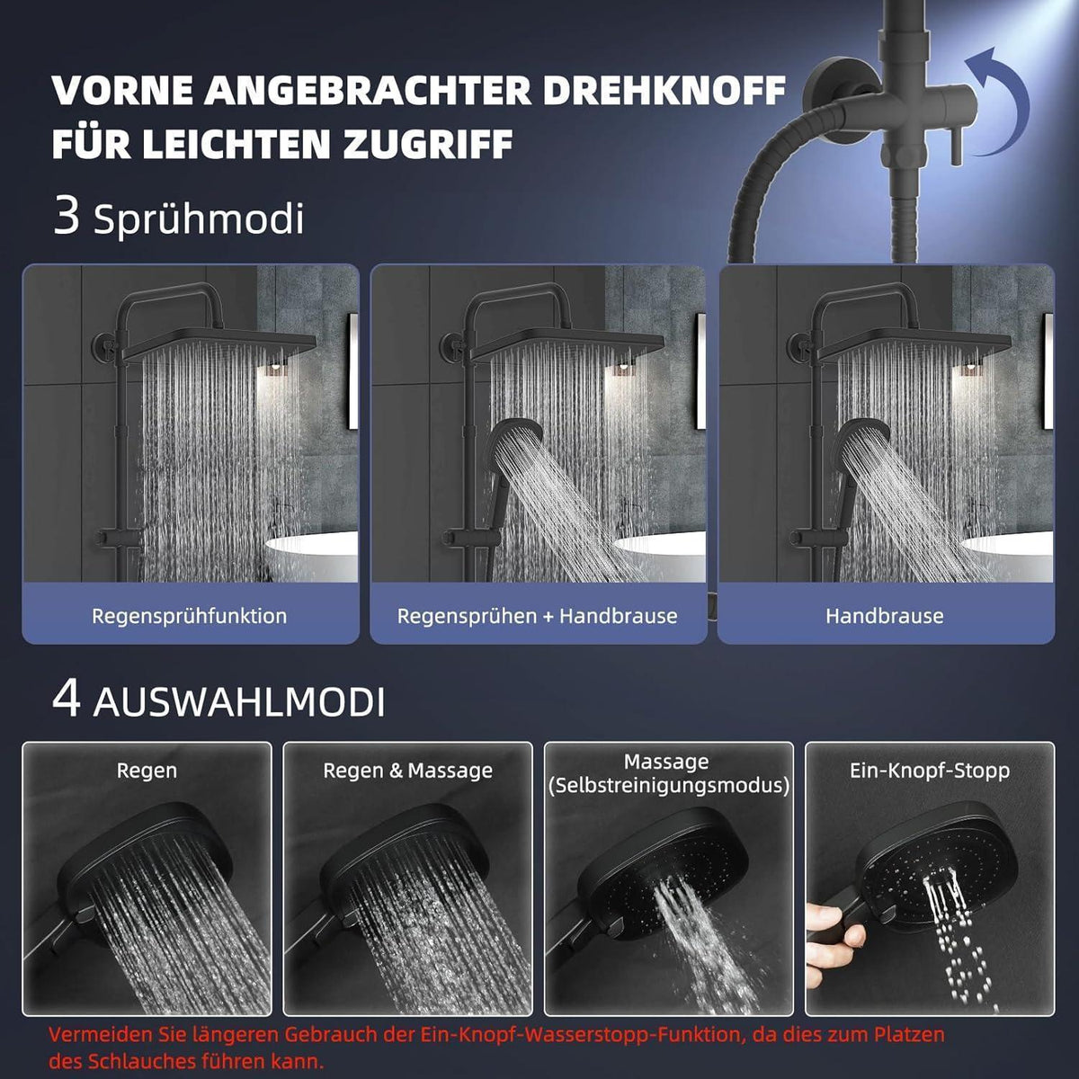 Selbstreinigender Duschkopf-Set Schwarz mit Edelstahlstange & Handbrause