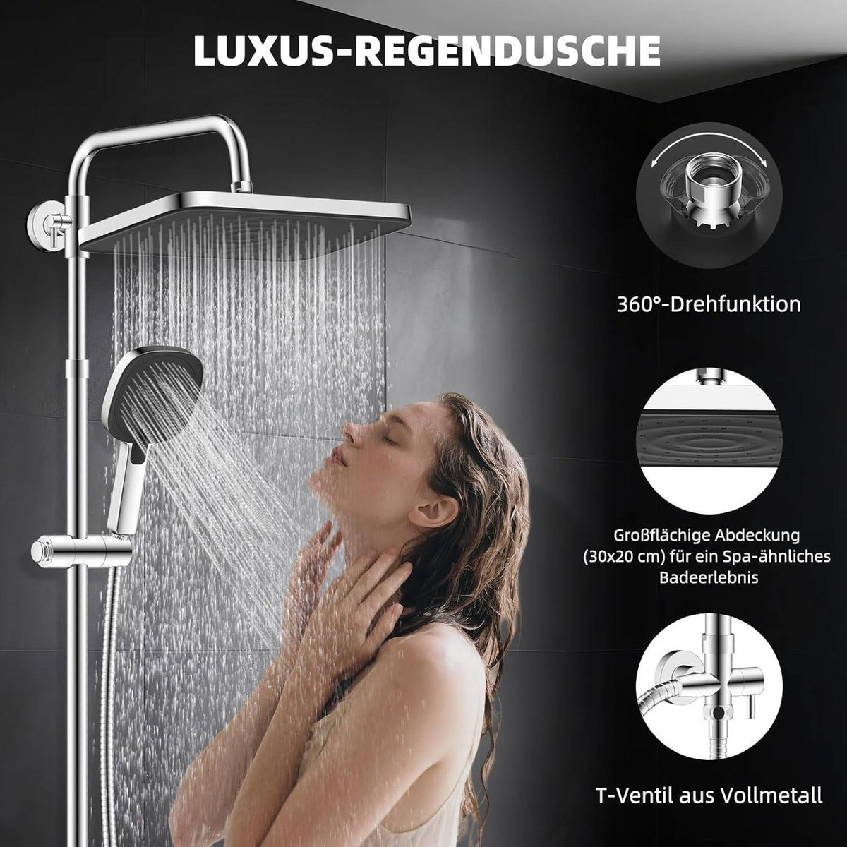 Selbstreinigendes Regenbrause-Set mit Edelstahl-Duschstange Schwarz
