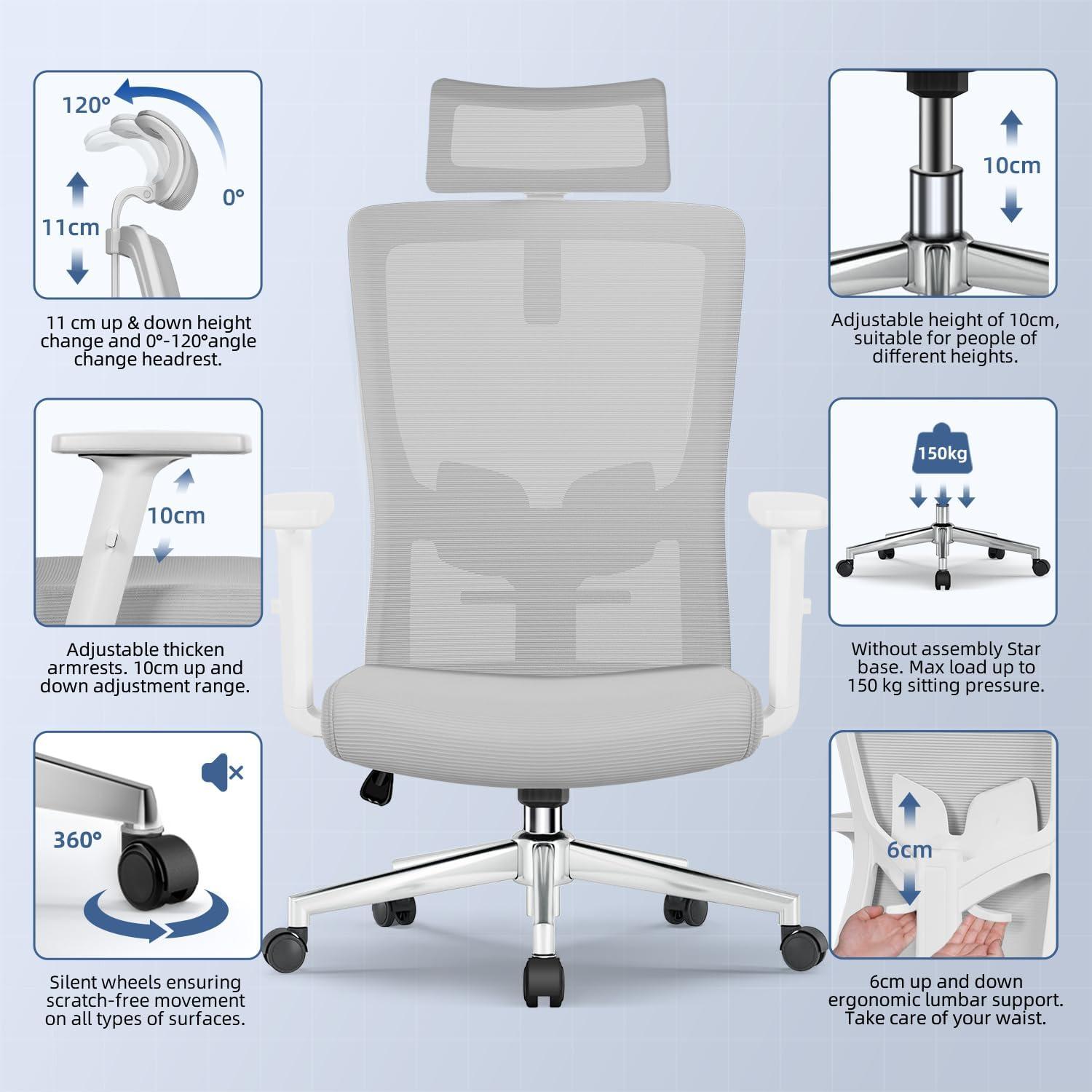 Ergonomischer Bürostuhl mit verstellbarer Lendenwirbelstütze & Kopfstütze
