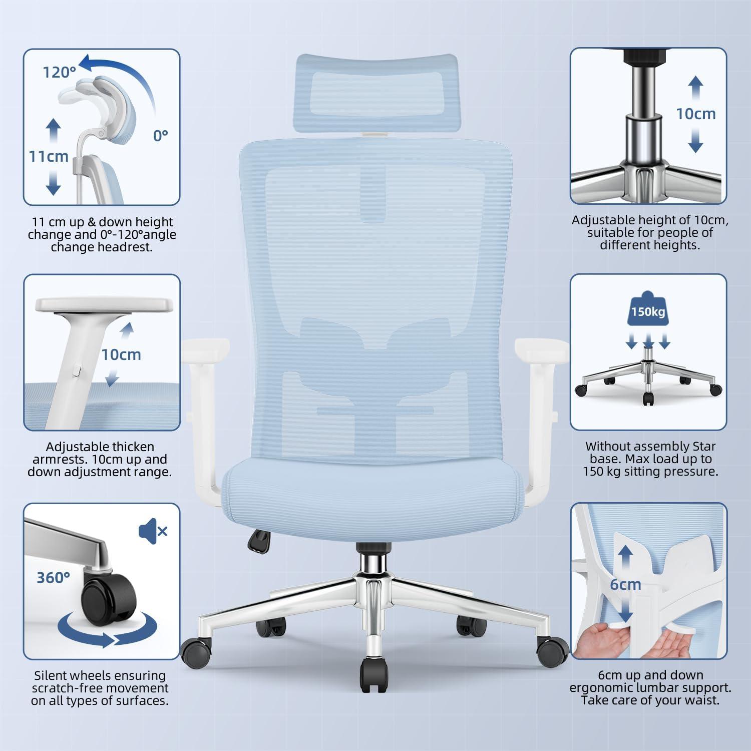 Bürostuhl Ergonomisch mit Verstellbarer Lendenwirbelstütze und Wippfunktion
