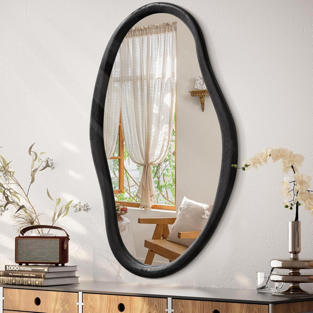 Asymmetrischer Wandspiegel Holz Schwarz 75x45 cm – Dekorativer Schminkspiegel