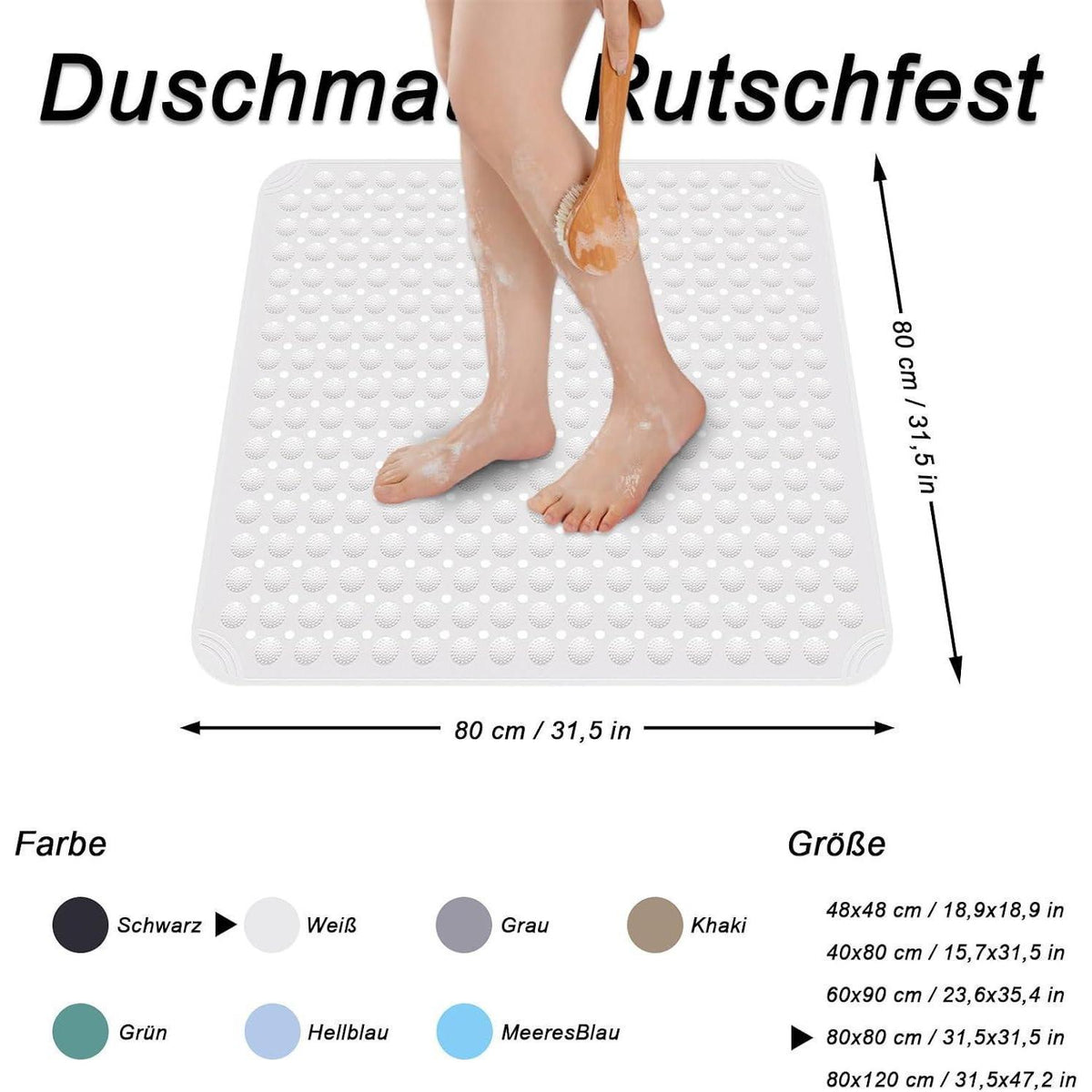 Rutschfeste Duschmatte 80x80 cm mit Saugnäpfen