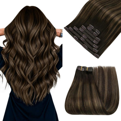 Echthaar Clip-In Extensions Ombre Braun Dunkelbraun Balayage