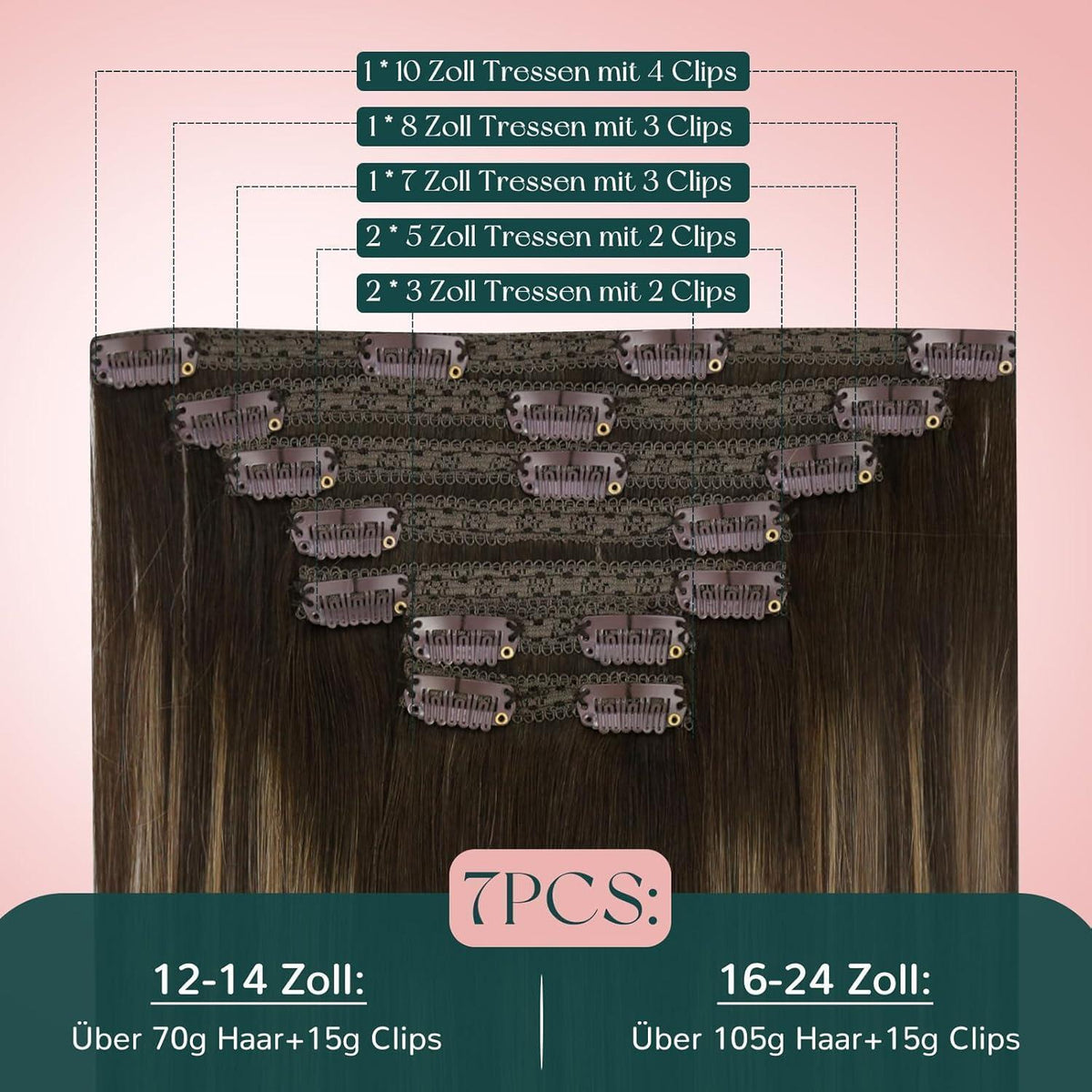 Echthaar Clip-In Extensions Ombre Braun Dunkelbraun Balayage
