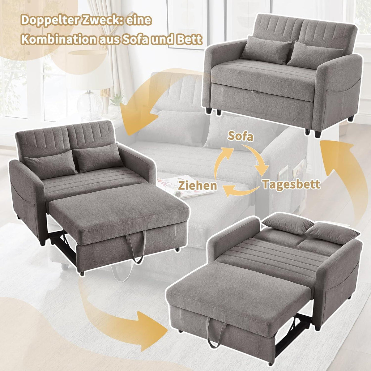 2-Sitzer Klappsofa mit Schlaffunktion & Kissen – Grau