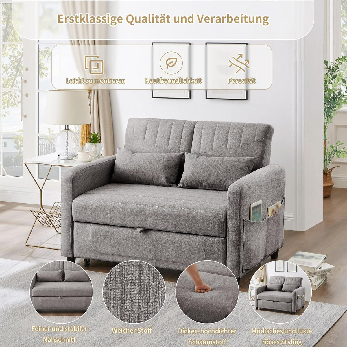 2-Sitzer Klappsofa mit Schlaffunktion & Kissen – Grau