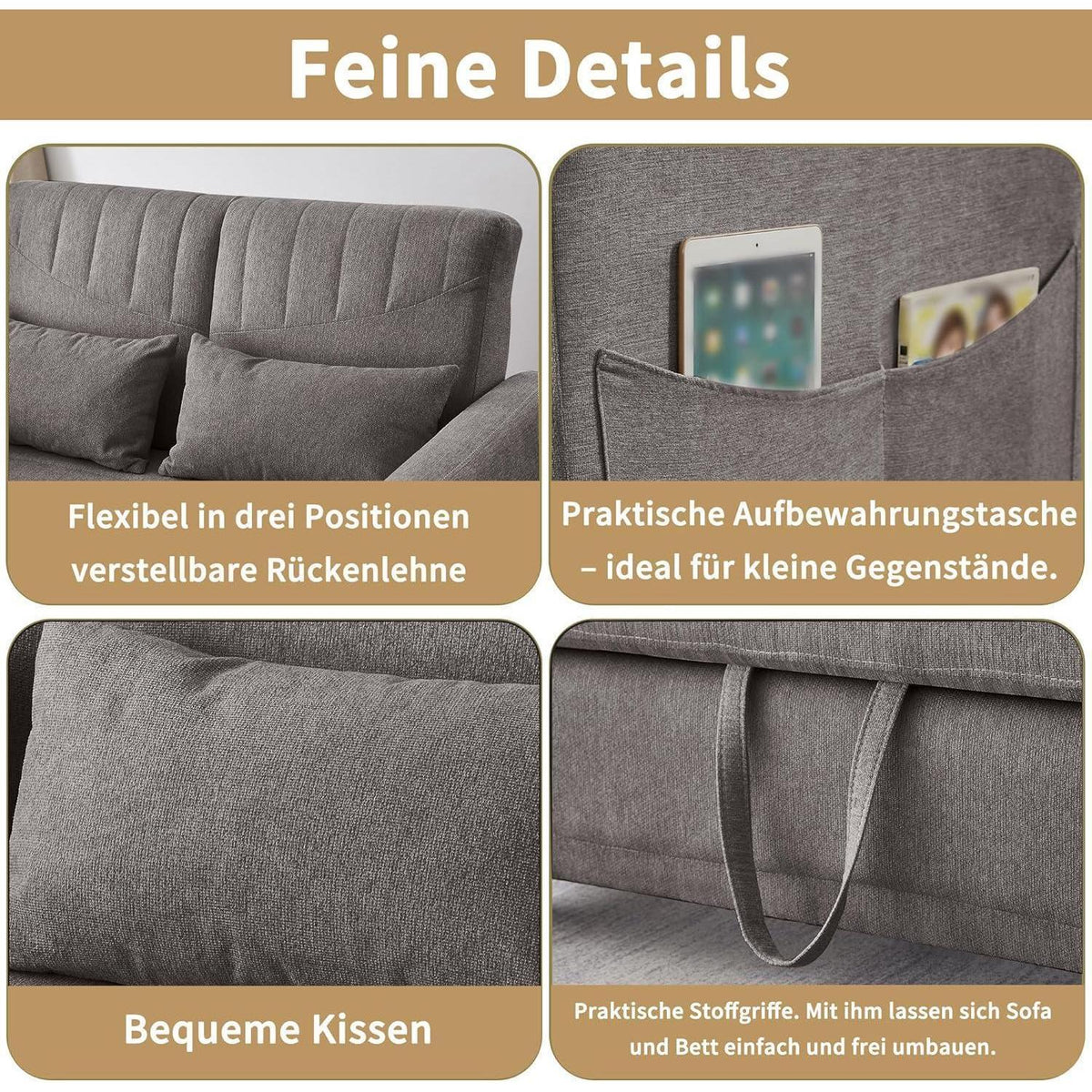 2-Sitzer Klappsofa mit Schlaffunktion & Kissen – Grau