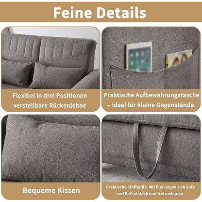 2-Sitzer Klappsofa mit Schlaffunktion & Kissen – Grau