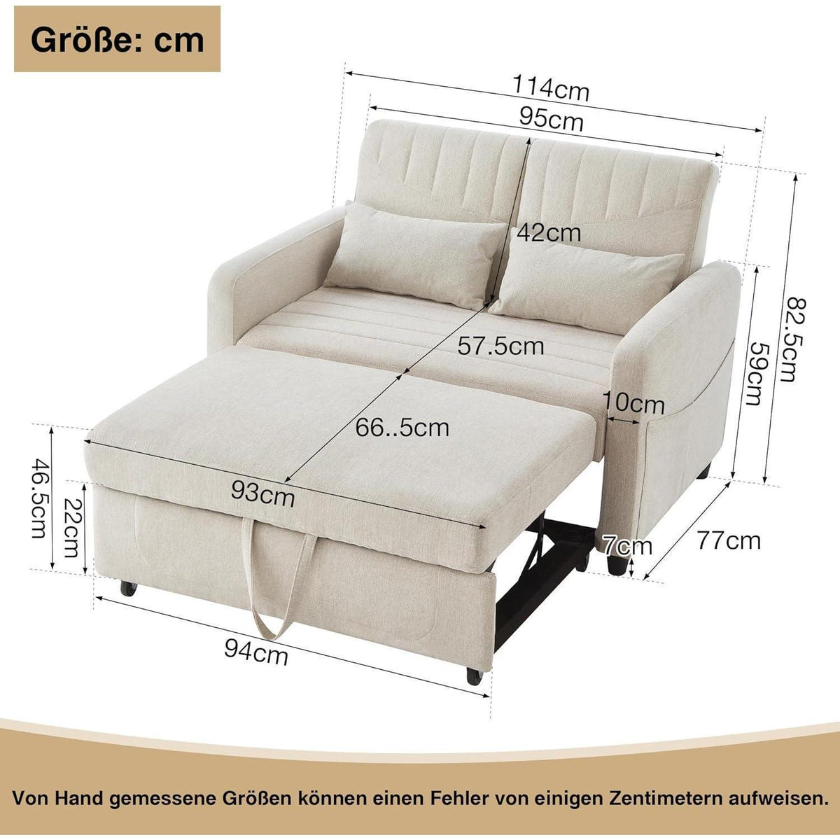 2-Sitzer Klappsofa mit Schlaffunktion & Kissen – Beige