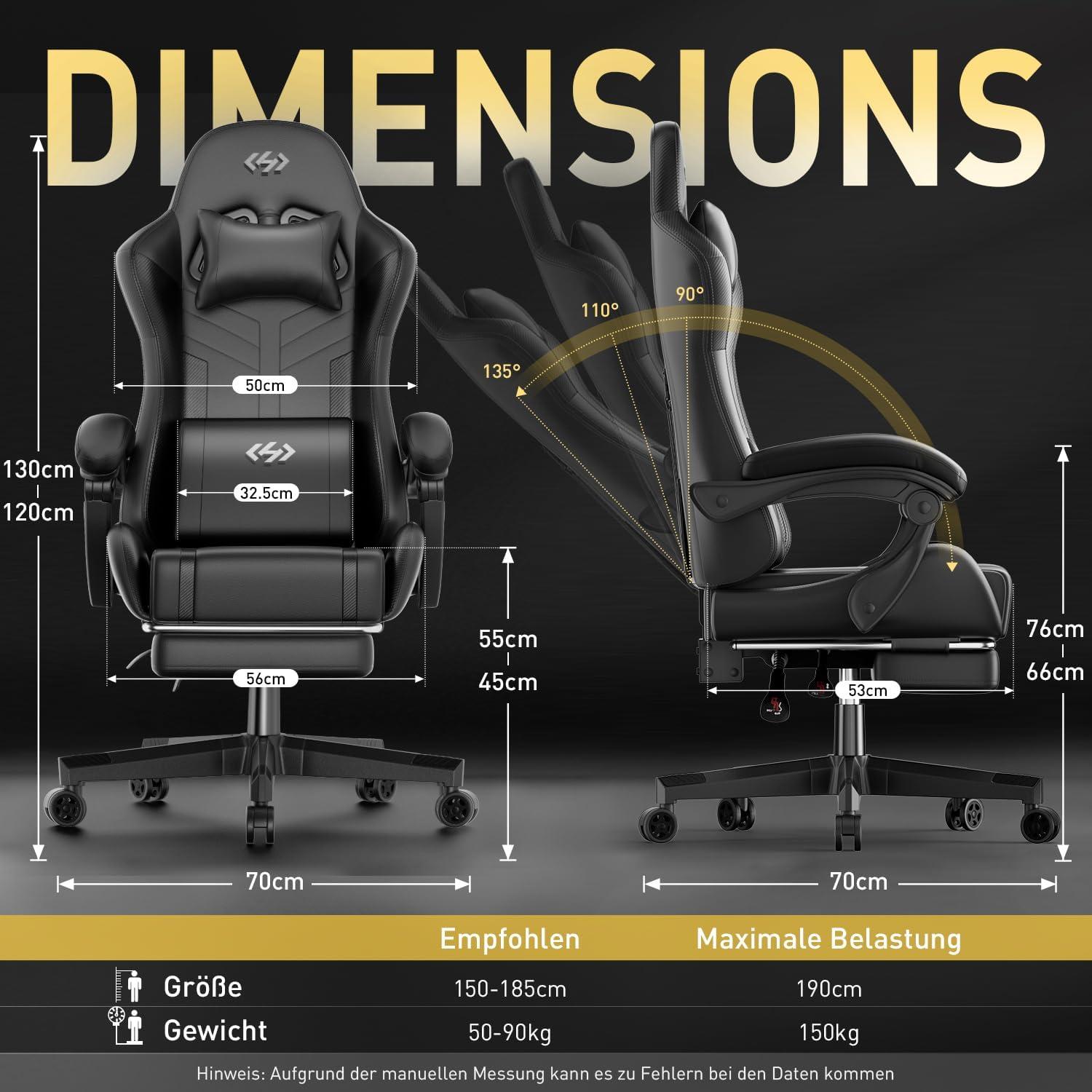 Gaming Stuhl mit Kopfstütze und Lendenkissen, Höhenverstellbar