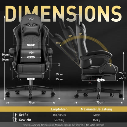 Gaming Stuhl mit Kopfstütze und Lendenkissen, Höhenverstellbar