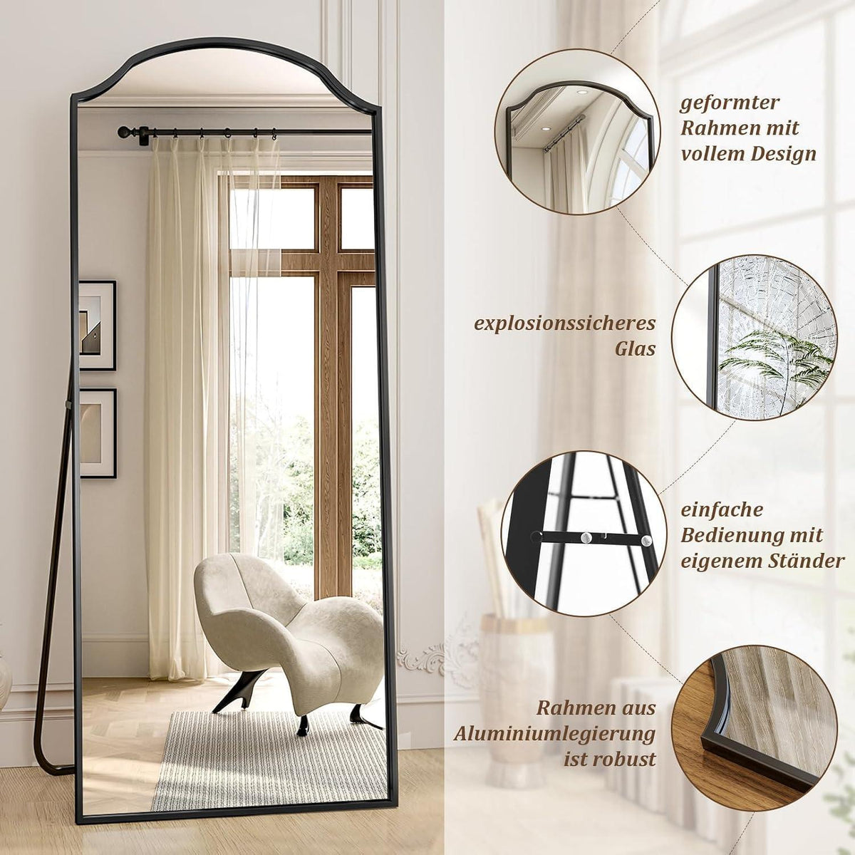Ganzkörperspiegel Bogen Schwarz 165x60cm | Stand- & Wandspiegel