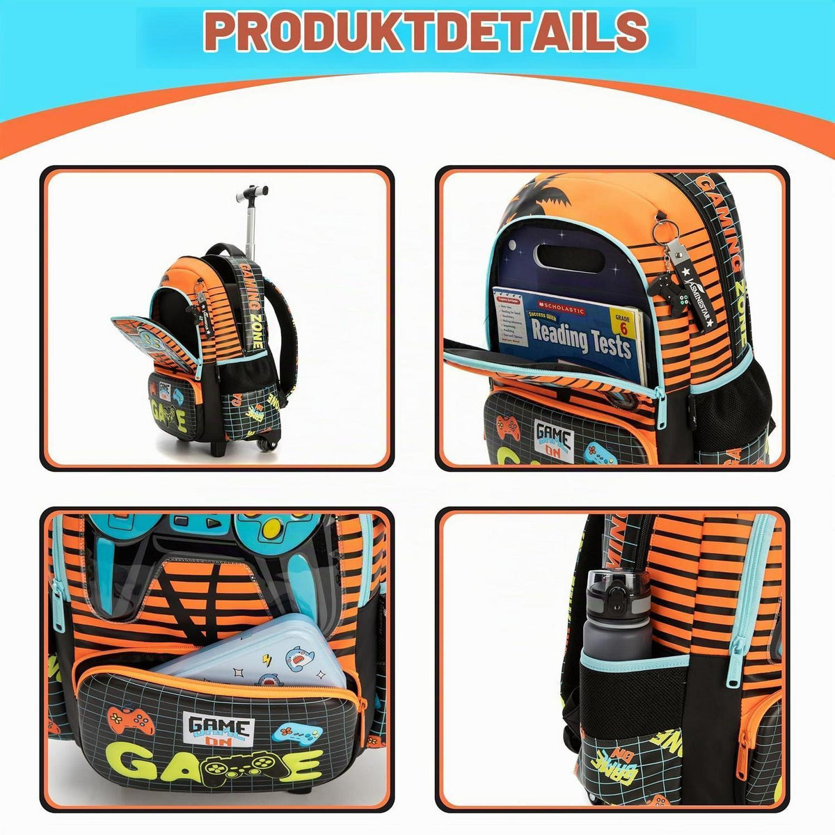 Schultrolley Rucksack Kinder Orange Game – 1. Klasse