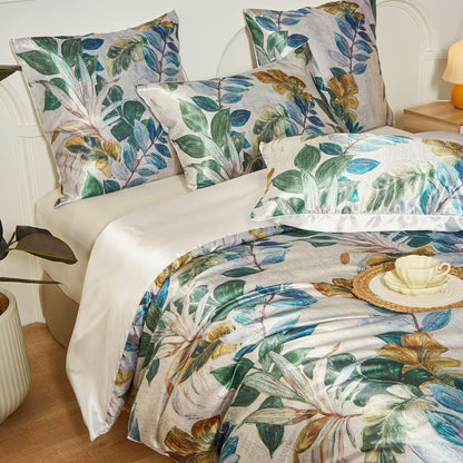Satin Bettwäsche Set 135x200 cm, Grün, Vintage Pflanzenstil