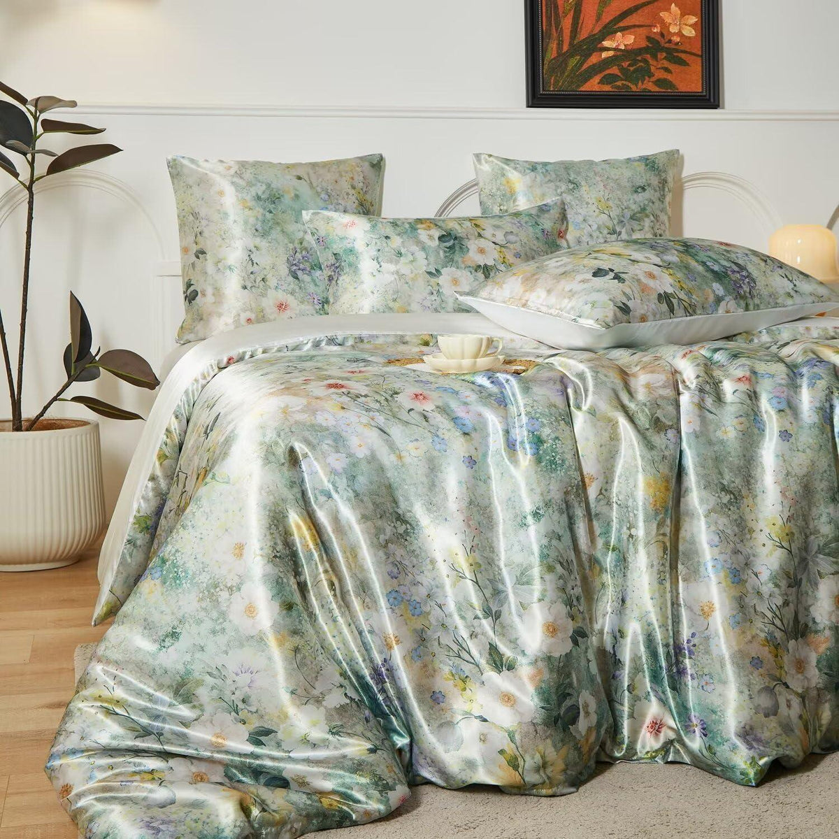 Satin Bettwäsche Set 135x200 cm - Vintage Blumenmuster Grün
