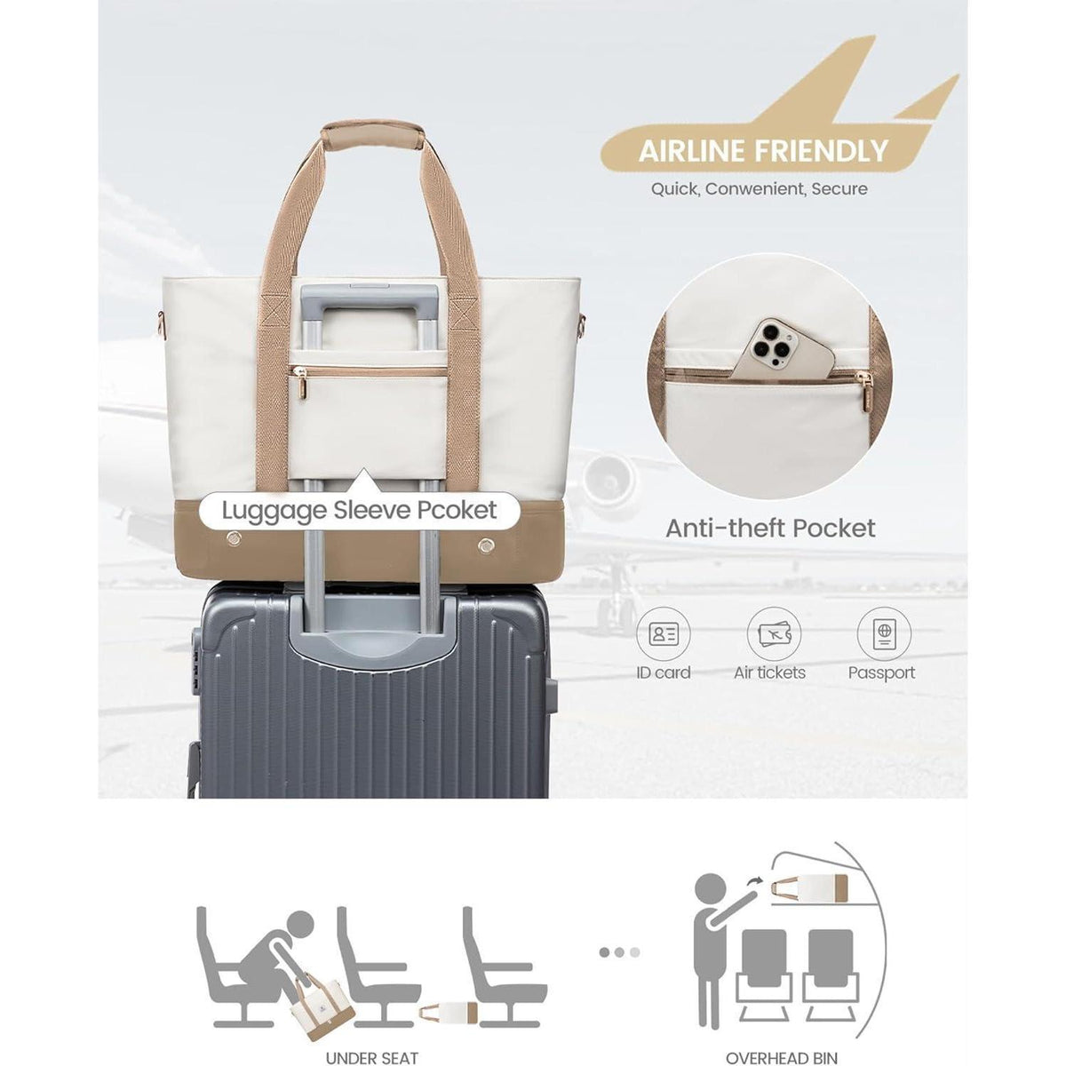 Reisetasche Damen mit Schuhfach und Kulturbeutel, Beige+Khaki