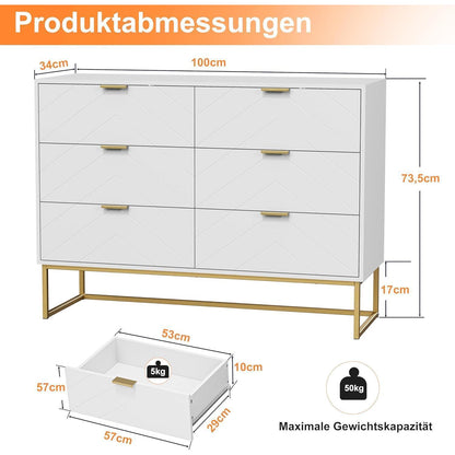 Kommode mit 6 Schubladen, Weiß – Schmaler Beistellschrank für Wohnzimmer