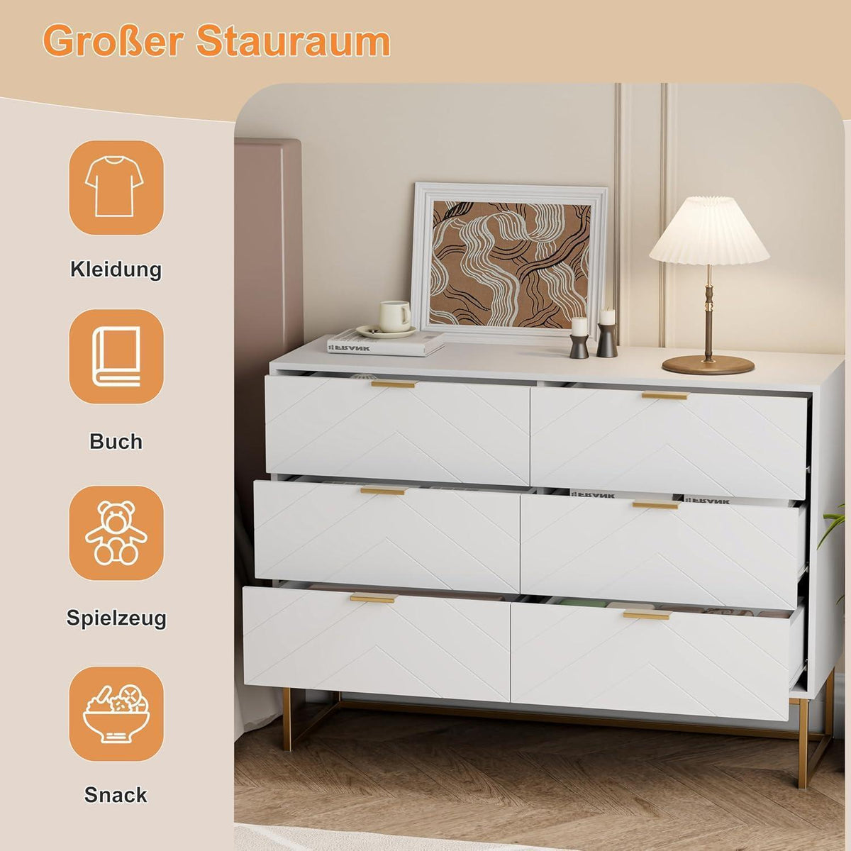 Kommode mit 6 Schubladen, Weiß – Schmaler Beistellschrank für Wohnzimmer