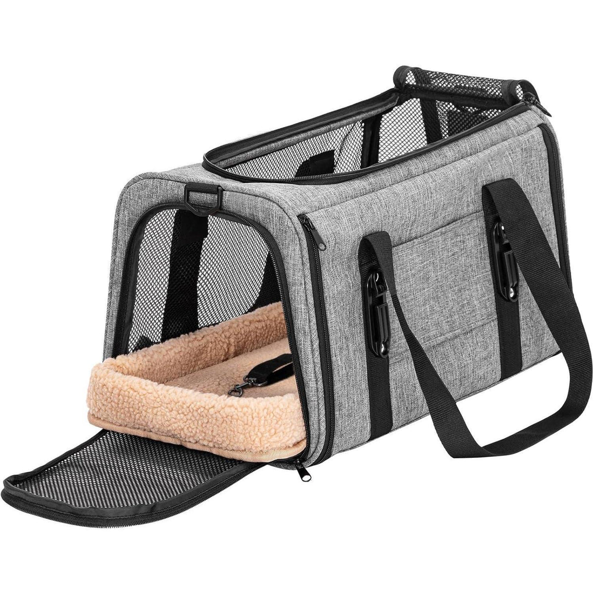 Katzen Transportbox faltbar mit Netz & Kissen – Grau L