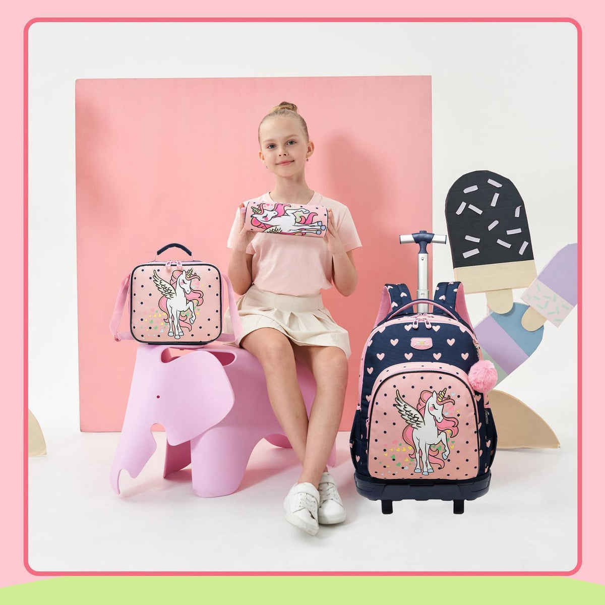 Kinder Trolley Rucksack mit Rollen – Einhorn Design 3-teilig