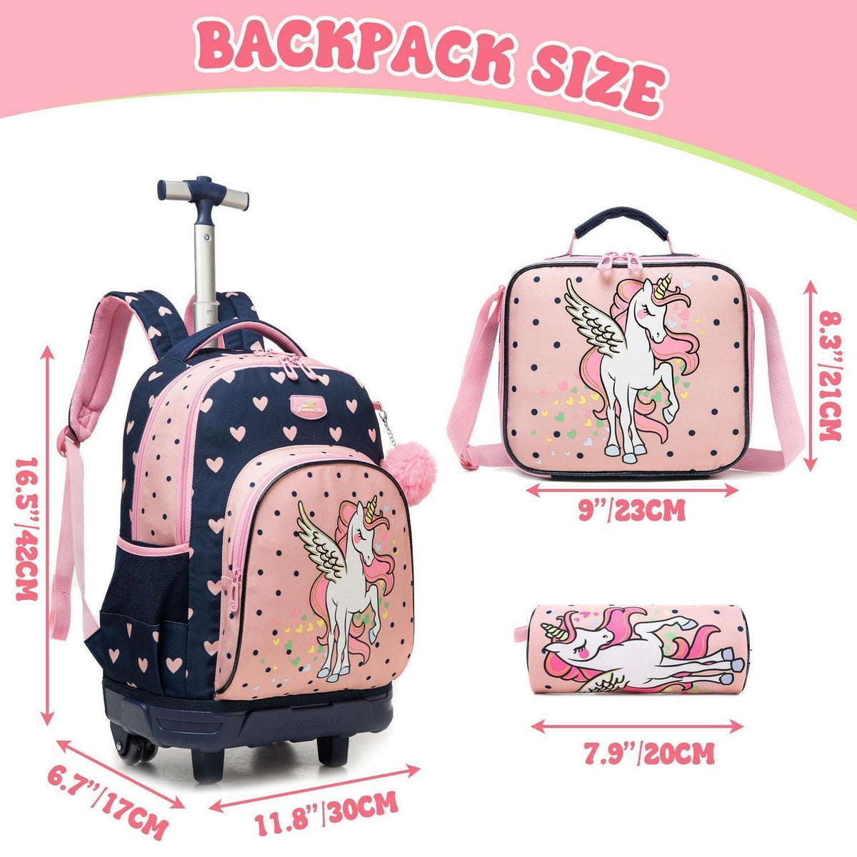 Kinder Trolley Rucksack mit Rollen – Einhorn Design 3-teilig