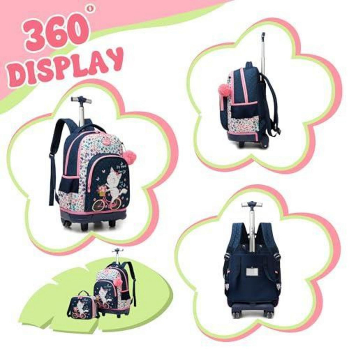 Kinder Trolley Rucksack mit Rollen – Schulranzen Set für Mädchen