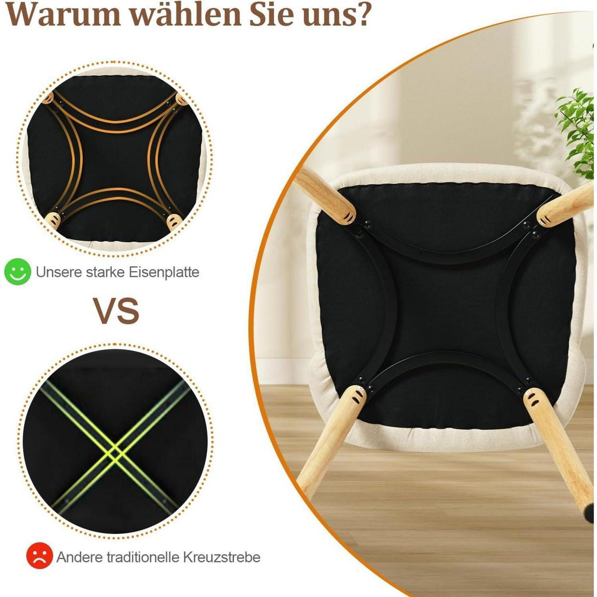 Esszimmerstühle 6er Set, Polsterstuhl Creme mit Holzbeinen