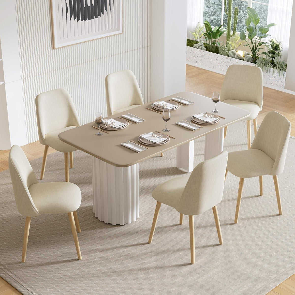 Esszimmerstühle 4er Set, Polsterstuhl Creme mit Holzbeinen