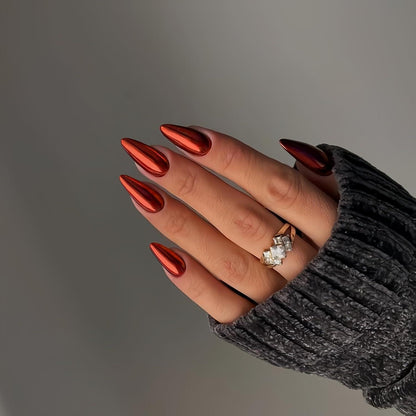 Chrome Press On Nails - Metallic Rot, Mandel Form