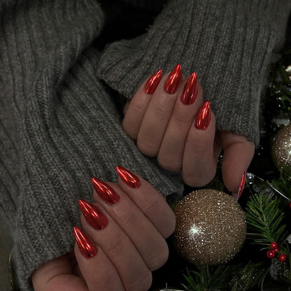 Chrome Press On Nails - Metallic Rot, Mandel Form