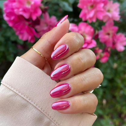 Glitzernde Mandel Nägel zum Aufkleben – Violett Rosa Chrome Set