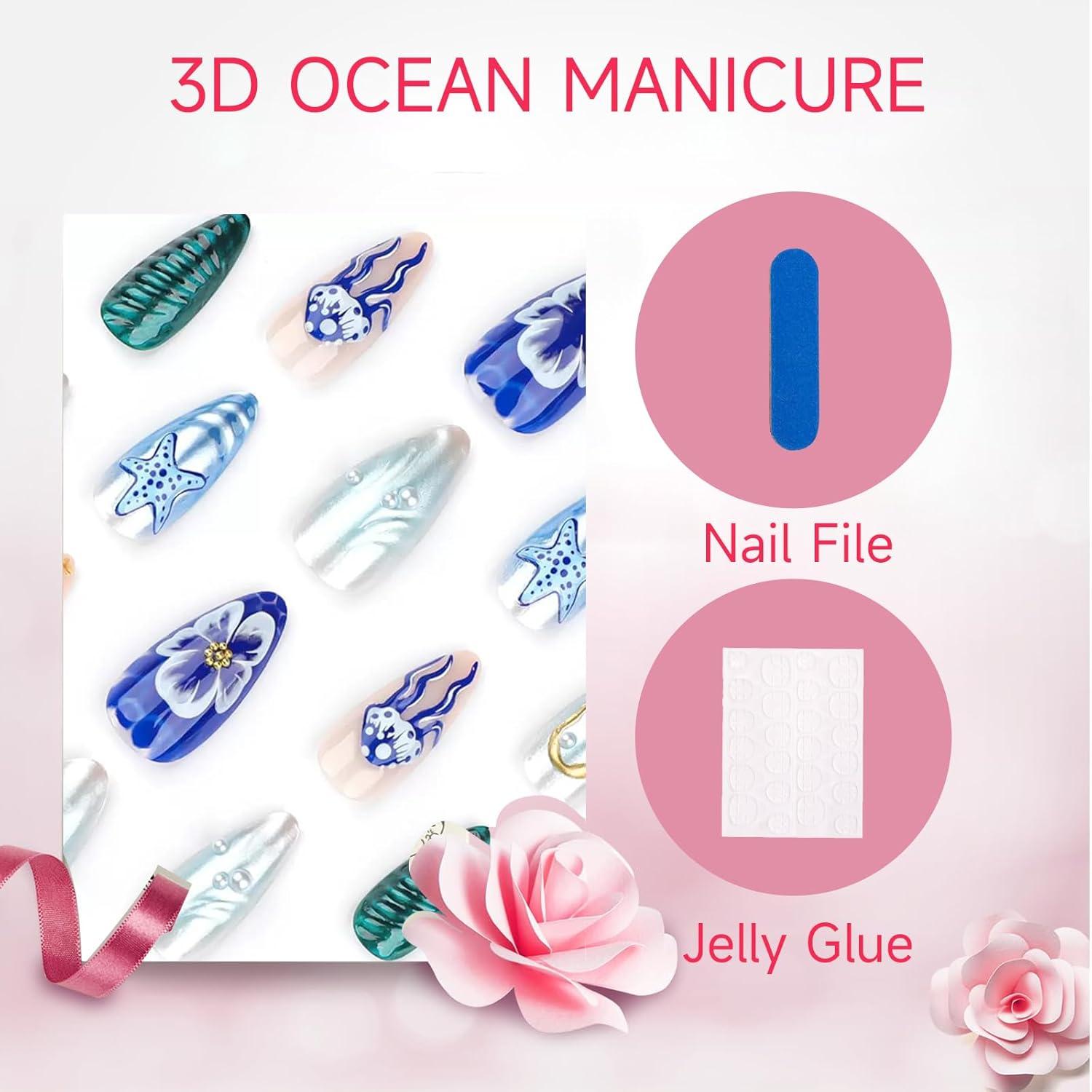 Sommer 3D Press on Nägel Blau Meer Design 24 Stück