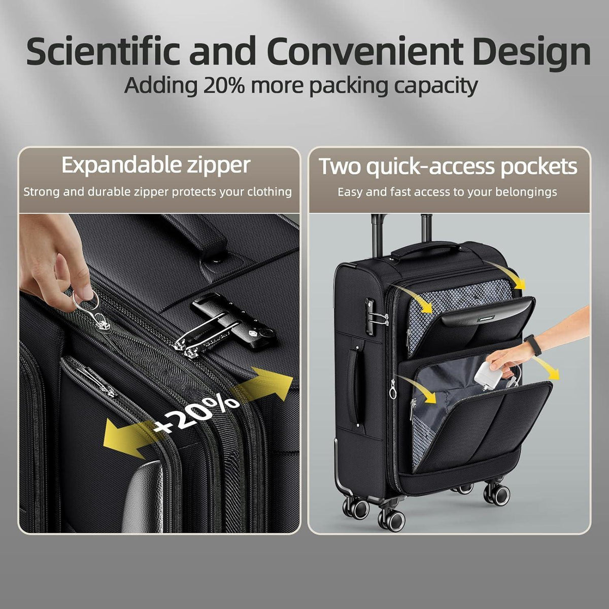 3-teiliges Stoffkoffer-Set mit TSA-Schloss, erweiterbar, 4 Rollen, Schwarz