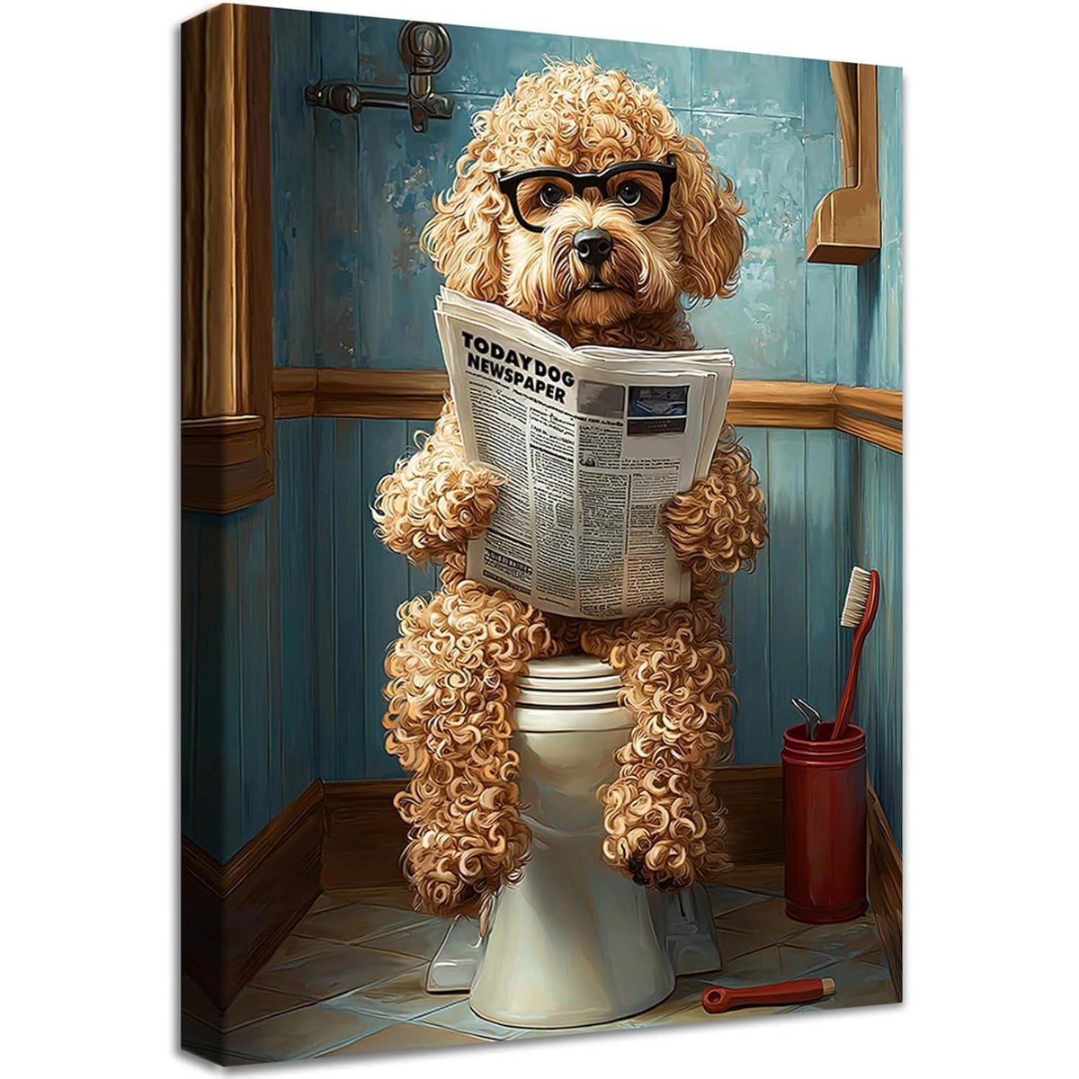 Gerahmtes Leinwandbild Pudel auf Toilette liest Zeitung