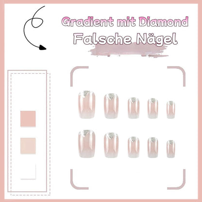 24er Set Falsche Nägel mit Farbverlauf & Diamanten – French Design