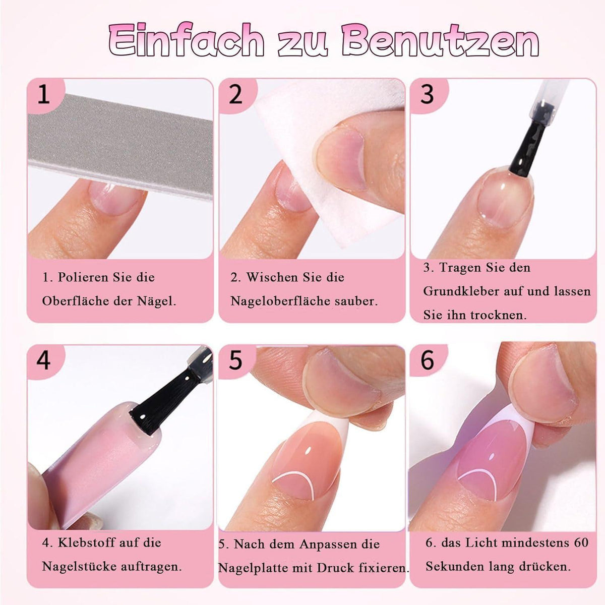 24er Set Falsche Nägel mit Farbverlauf & Diamanten – French Design
