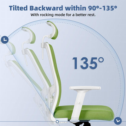 Ergonomischer Bürostuhl mit Lendenstütze Armlehnen Kopfstütze 135° Wippfunktion