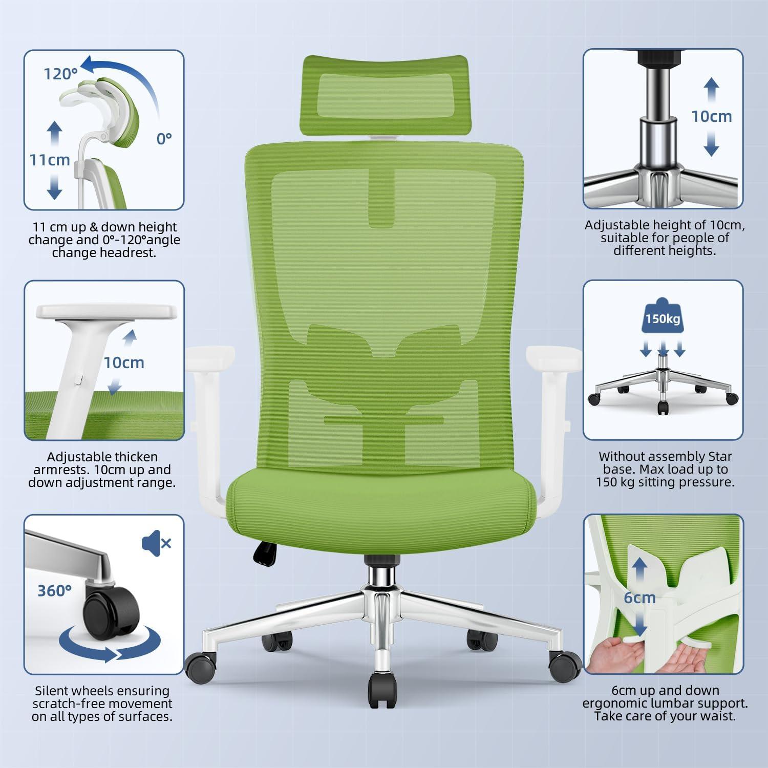 Ergonomischer Bürostuhl mit Lendenstütze Armlehnen Kopfstütze 135° Wippfunktion