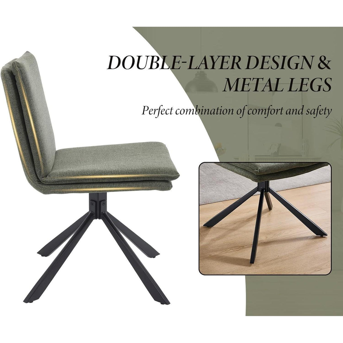 2er Set Esszimmerstühle Leinen, 360° drehbar, Grün