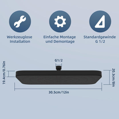 Selbstreinigende Regenbrause Matt Schwarz 30x20 cm – 360° Drehung