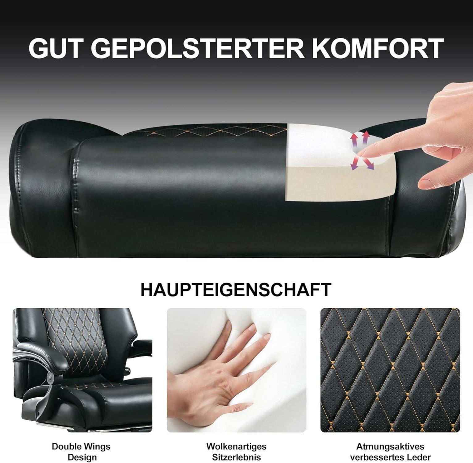 Bürostuhl 200KG Lendenstütze, hohe Rückenlehne, Schwarz