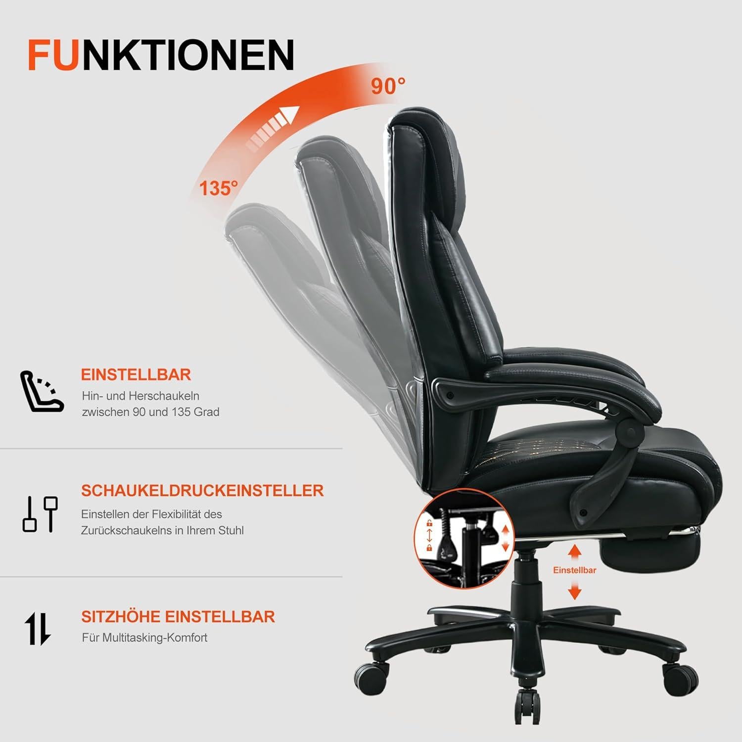 Ergonomischer Bürostuhl 200KG mit Lendenwirbelstütze Schwarz